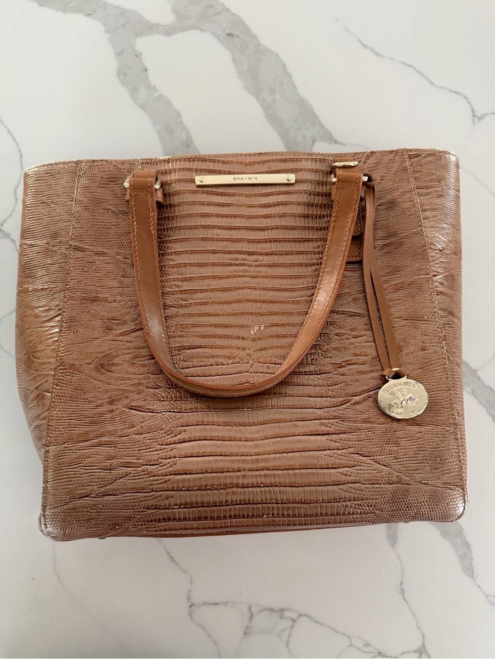 Brahmin Cognac Lizard-Embossed Leather Tote with Gold Charm
